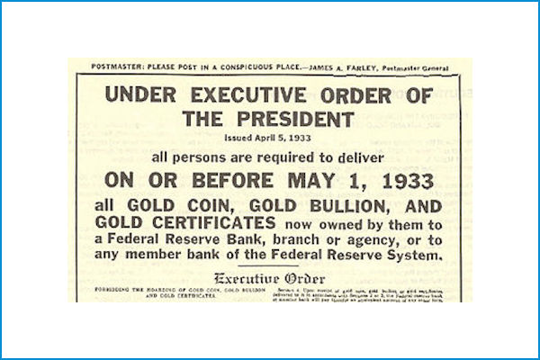 Plakat wprowadzający nakaz zwrotu złota w USA